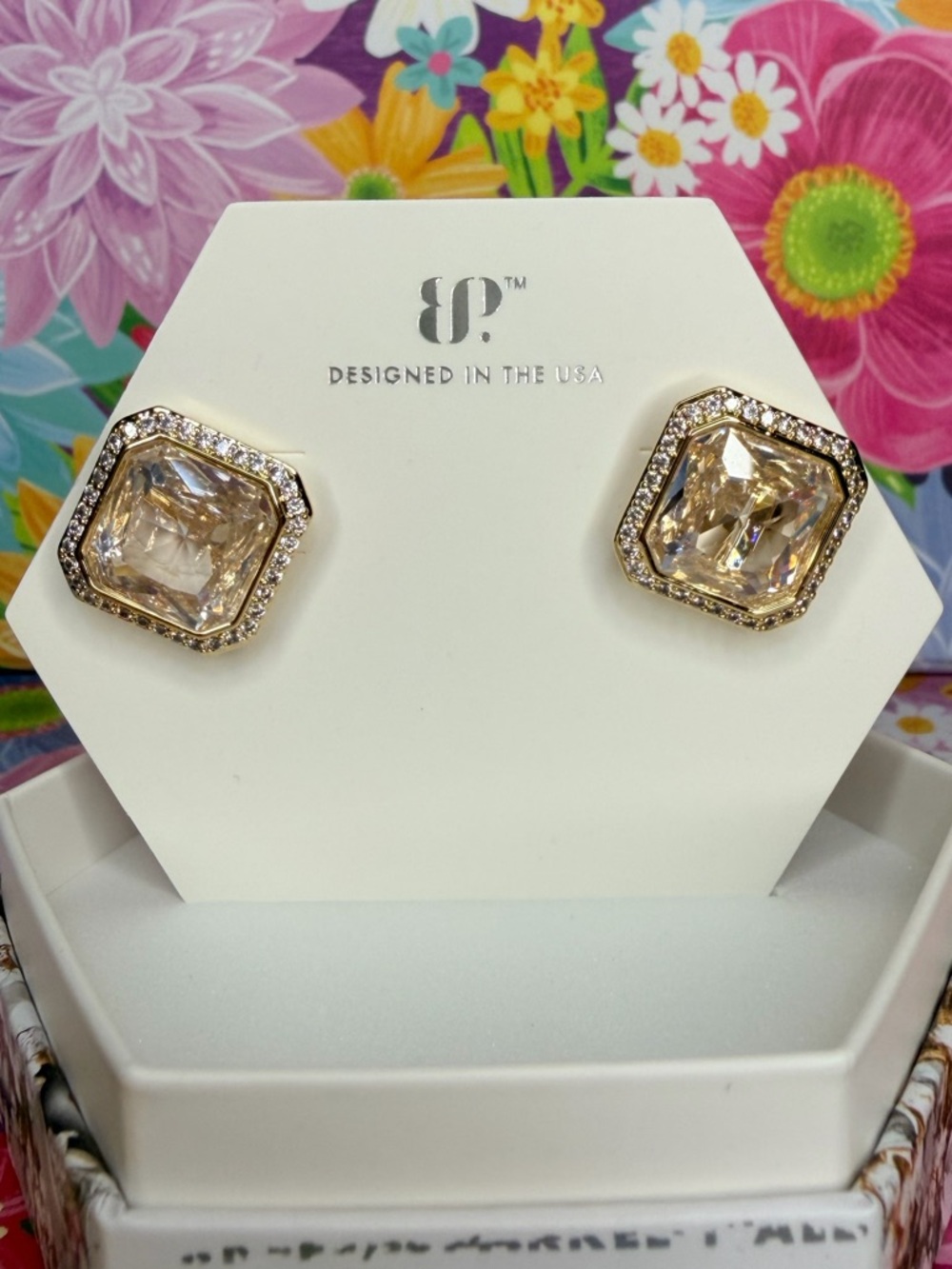 Crystal Halo Square Stud Earrings in Champagne Gold
